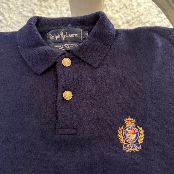VTG Polo Ralph Lauren Blue Collared Crest Two Button Lambswool Sweater Men’s M - Picture 8 of 11